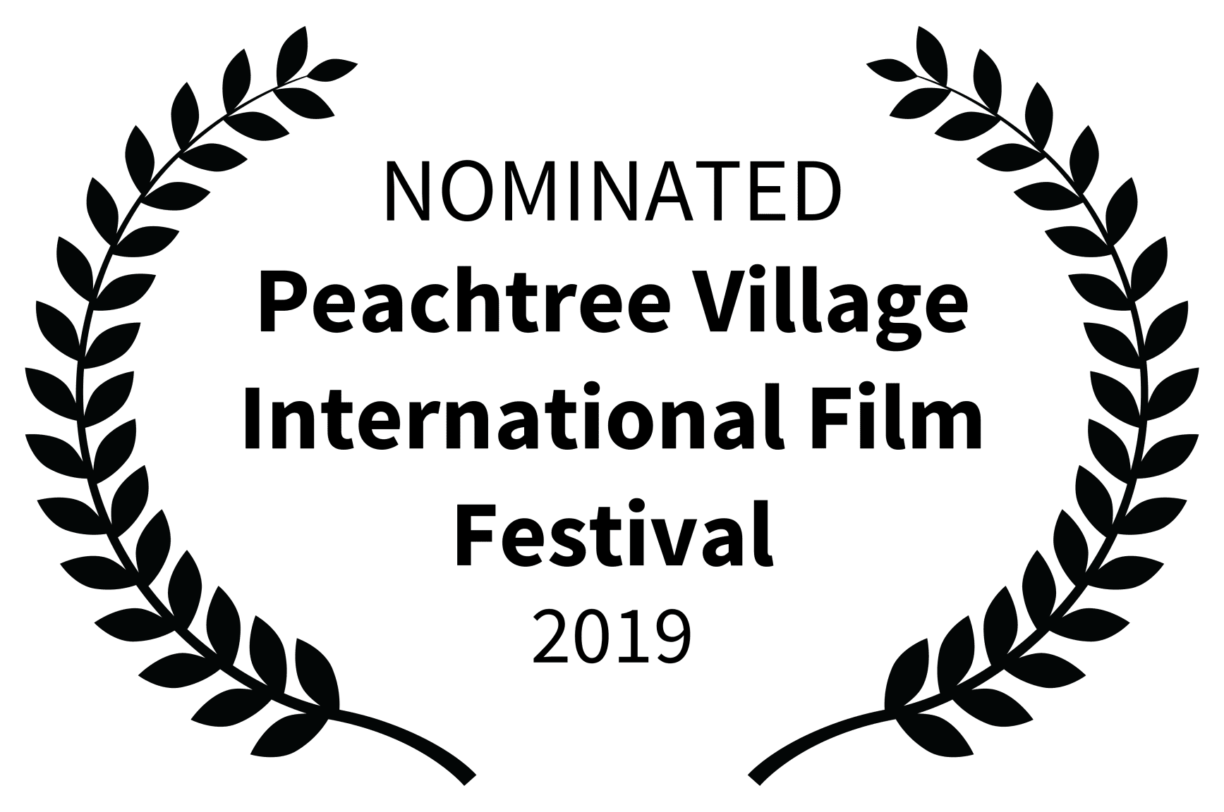 A green banner with black leaves and the words " nominated peachtree village international film festival 2 0 1 9 ".
