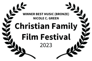 A green background with black leaves and the words " christian family film festival 2 0 2 3 ".