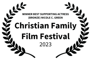 A green background with black leaves and the words " christian family film festival 2 0 2 3 ".